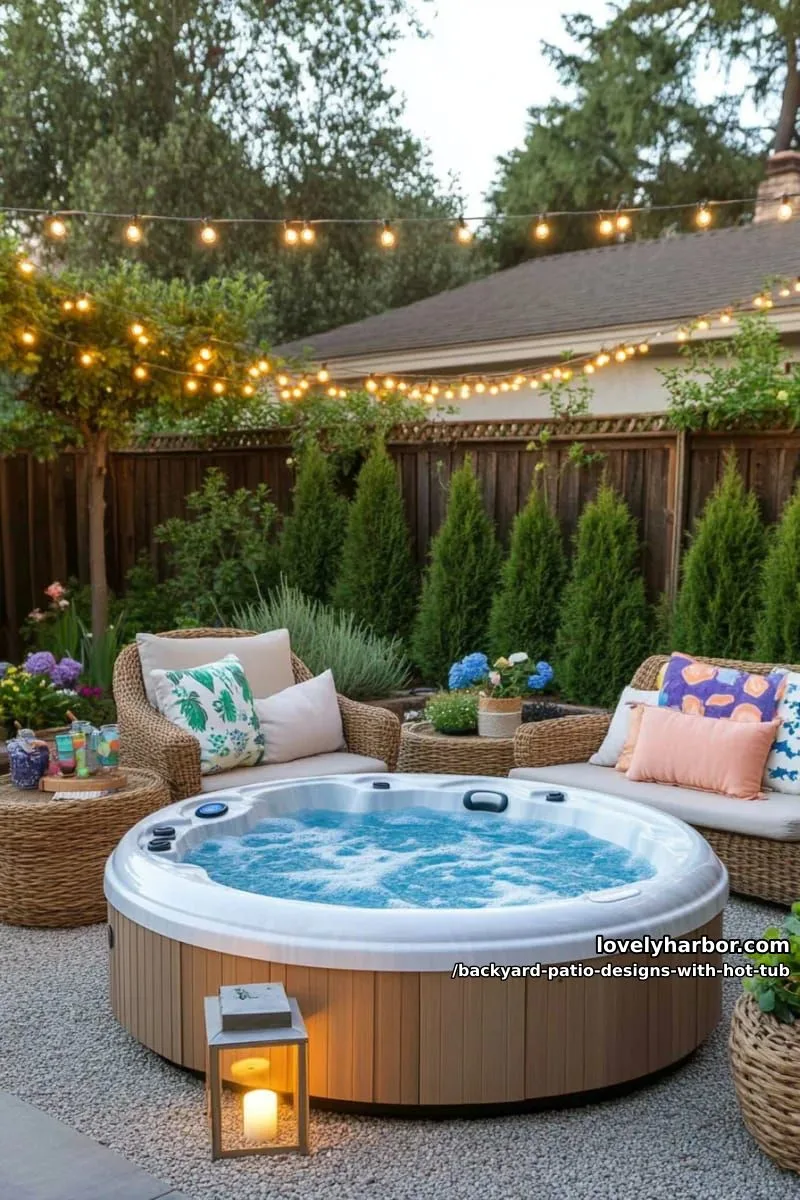 20 Dreamy Backyard Patios with Hot Tubs to Inspire 2 cozy backyard hot tub on gravel, surrounded by bushes and string lights. 1