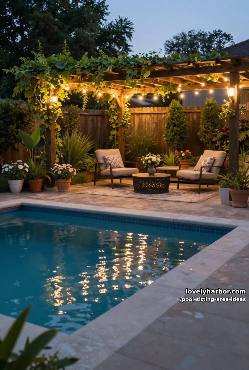 cozy backyard patio at dusk with string lights and pergola. 1