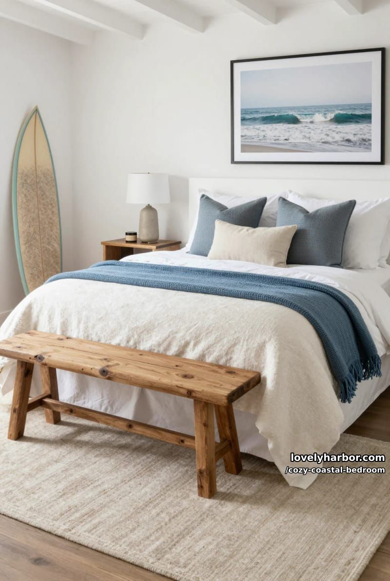 20 Dreamy Coastal Bedrooms for a Serene Retreat 4 cozy beach-themed bedroom with surfboard and ocean artwork 1