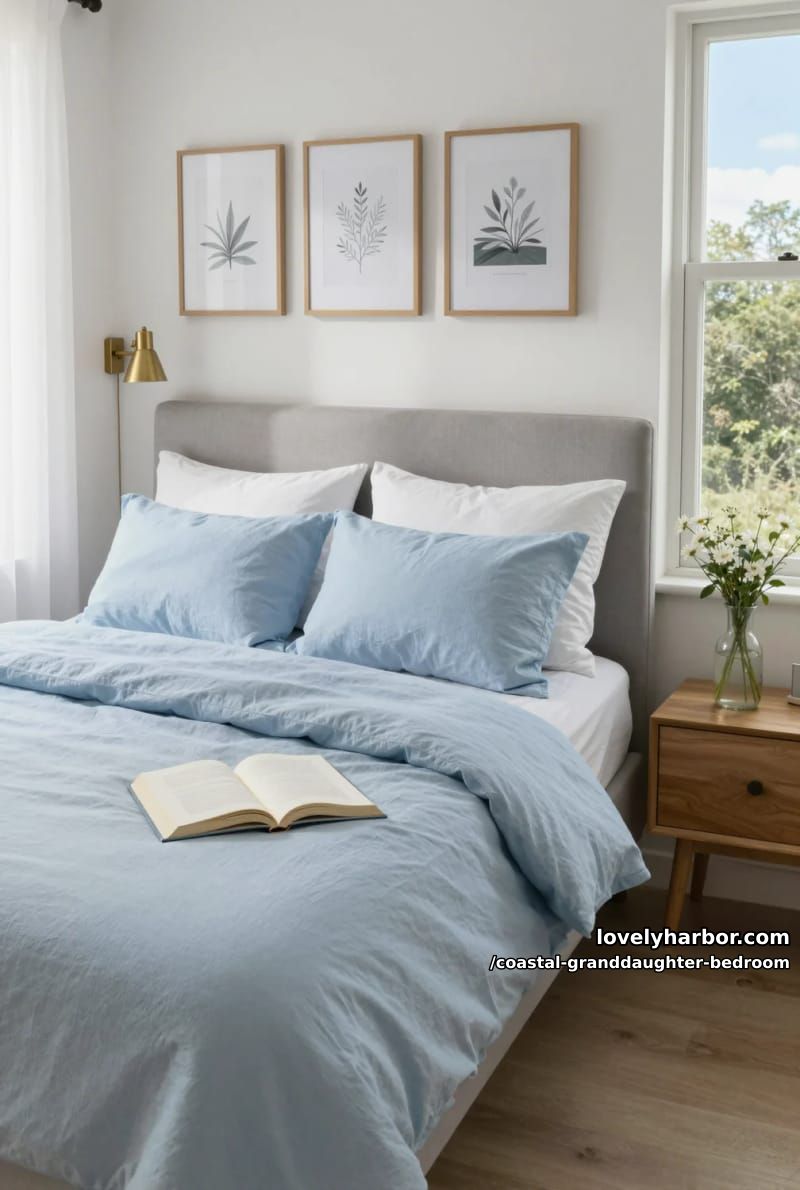 cozy bed with blue linen sheets, open book, art prints, and brass reading lamp. 1