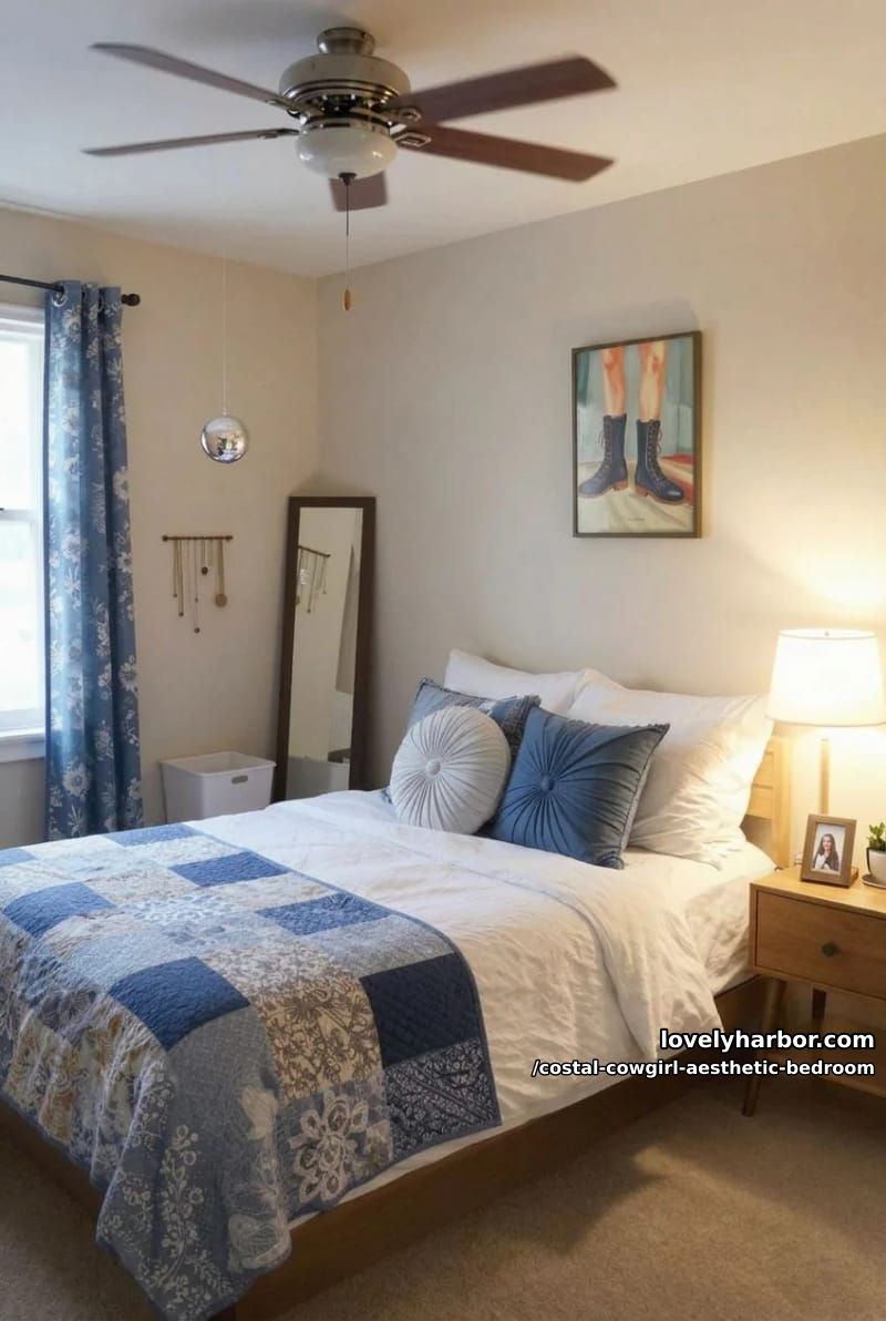 cozy bed with blue patchwork quilt, boot art, and floral curtains 1