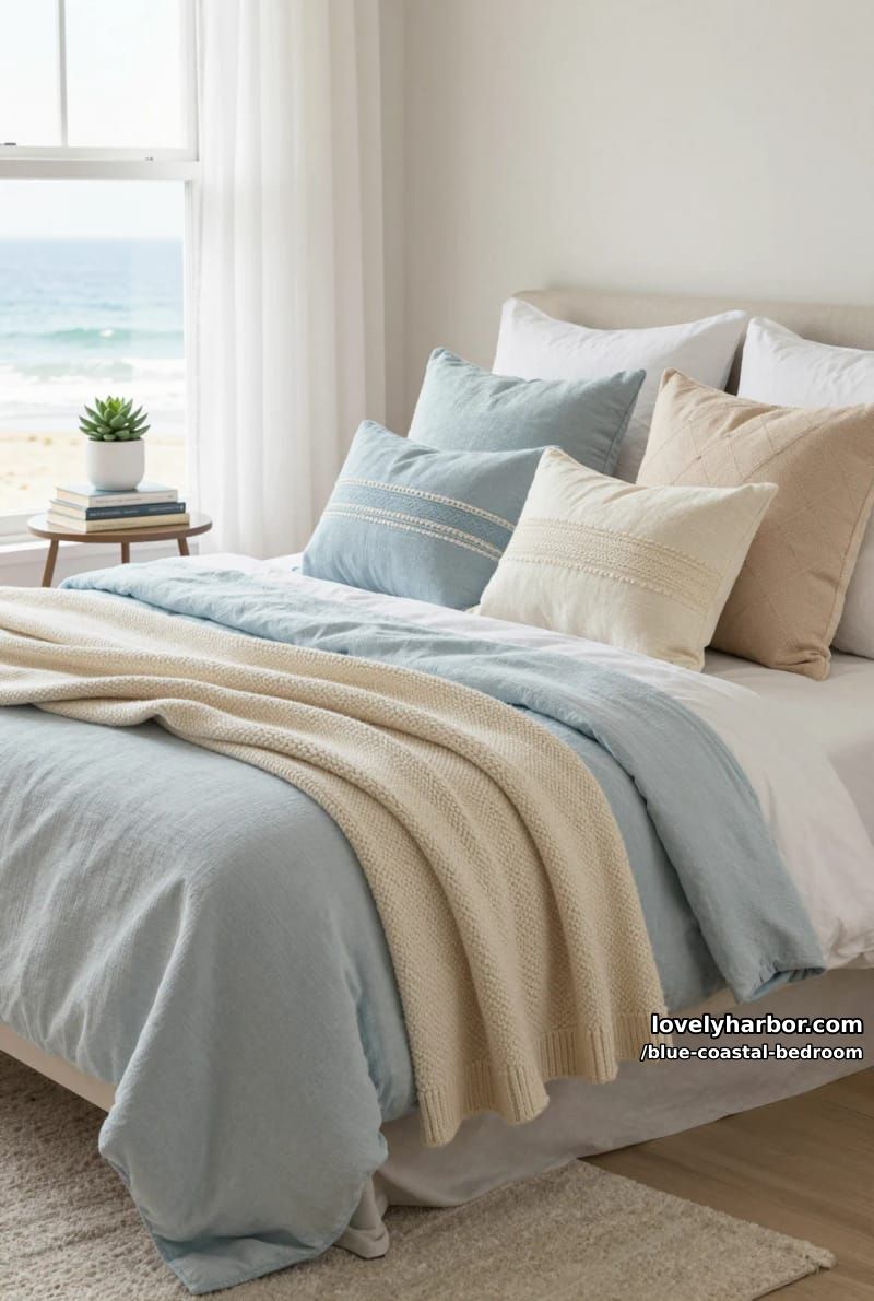 cozy bed with pastel blankets, knit throws, and soft coastal accents. 1