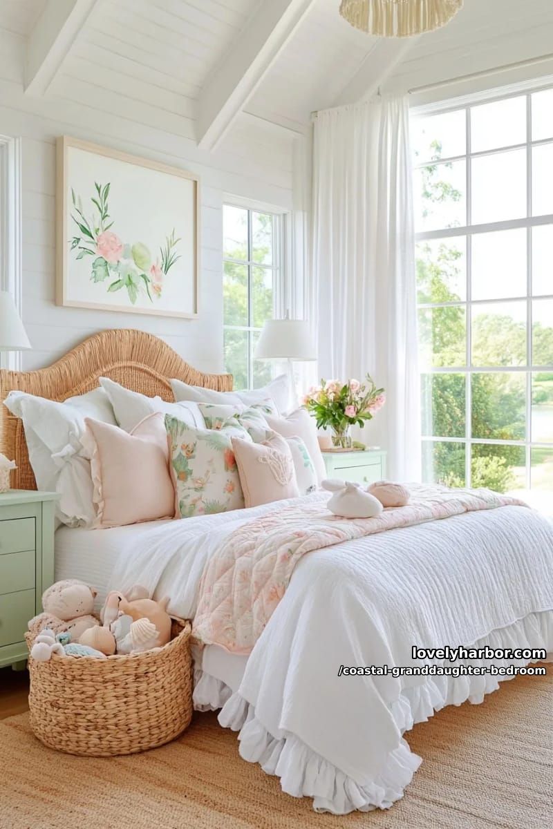 cozy bed with ruffled pillows, floral quilt, plush toys, and pastel accents. 1