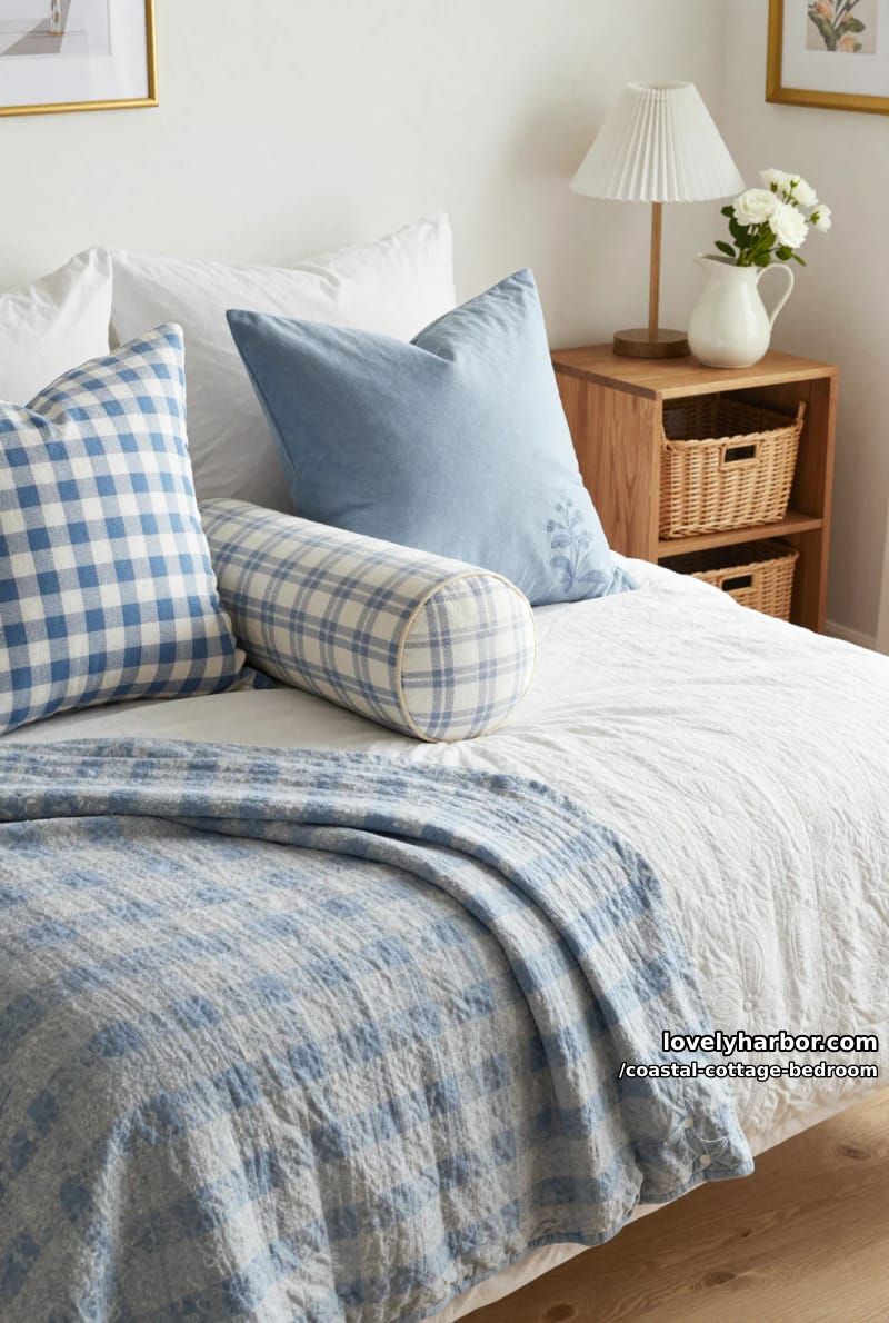 cozy bedroom with blue gingham pillows, quilted bedspread, and wicker baskets. 1