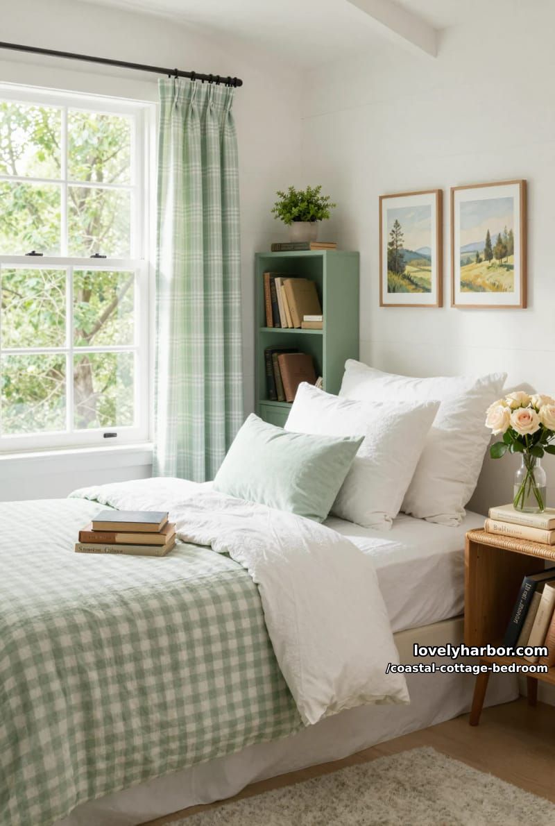 cozy bedroom with green and white accents, natural light, and vintage decor. 1
