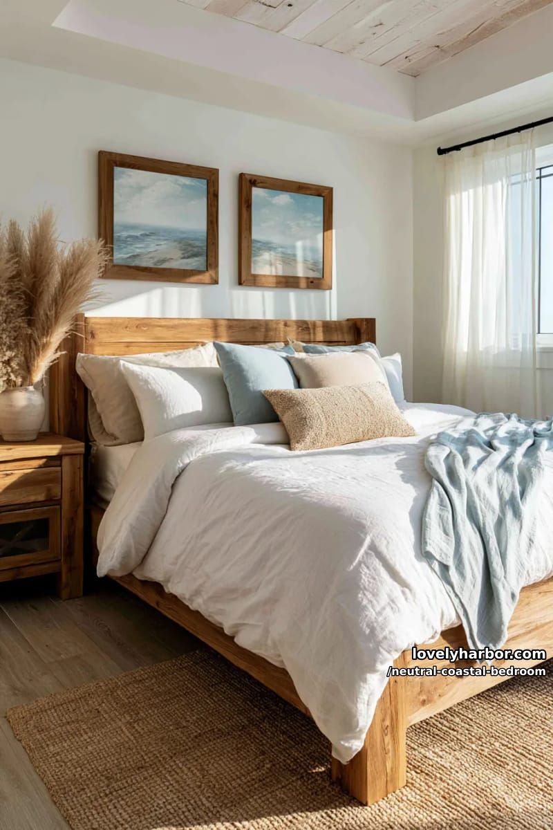 cozy bedroom with rustic wood bed, blue accents, pampas grass, and coastal paintings. 1