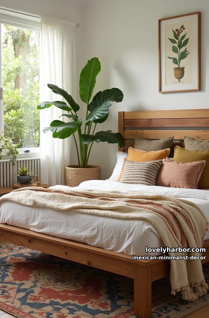 15 Minimalist Mexican Decor to Try Now 14 cozy bedroom with striped wooden headboard, earthy bedding, and botanical artwork. 1