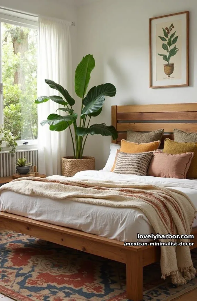 cozy bedroom with striped wooden headboard, earthy bedding, and botanical artwork. 1