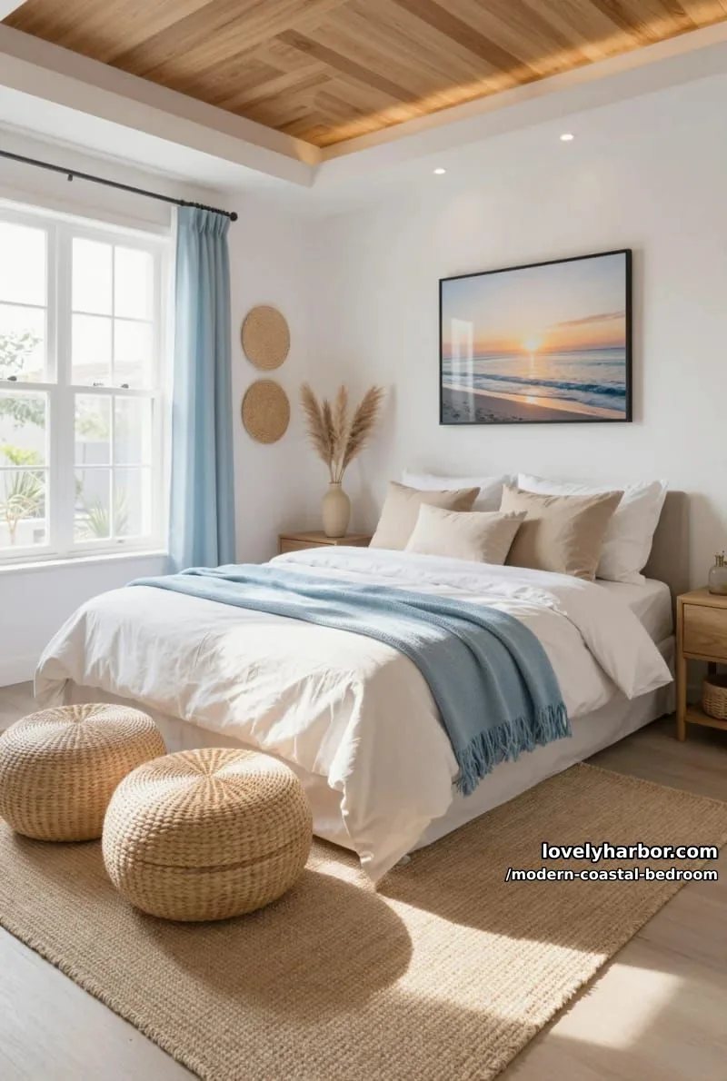 cozy bedroom with white and beige linens, blue throw, and woven wall hangings. 1