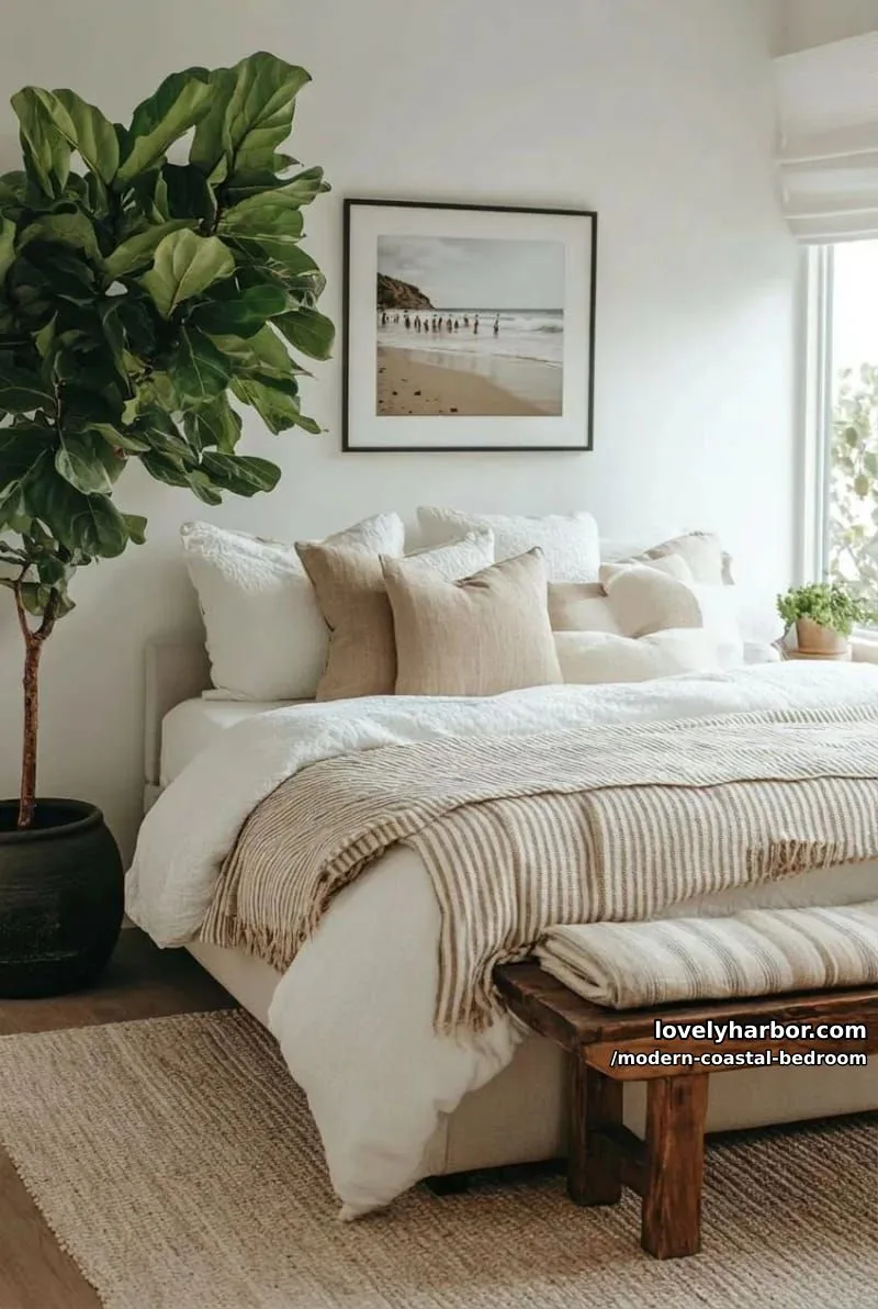 cozy bedroom with white upholstered bed, striped cushion, and fiddle leaf fig tree. 1