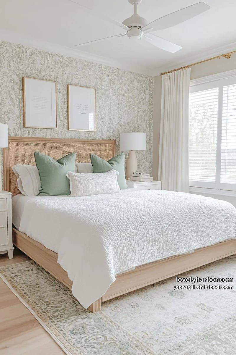 cozy bedroom with wicker headboard, green pillows, and soft lighting. 1