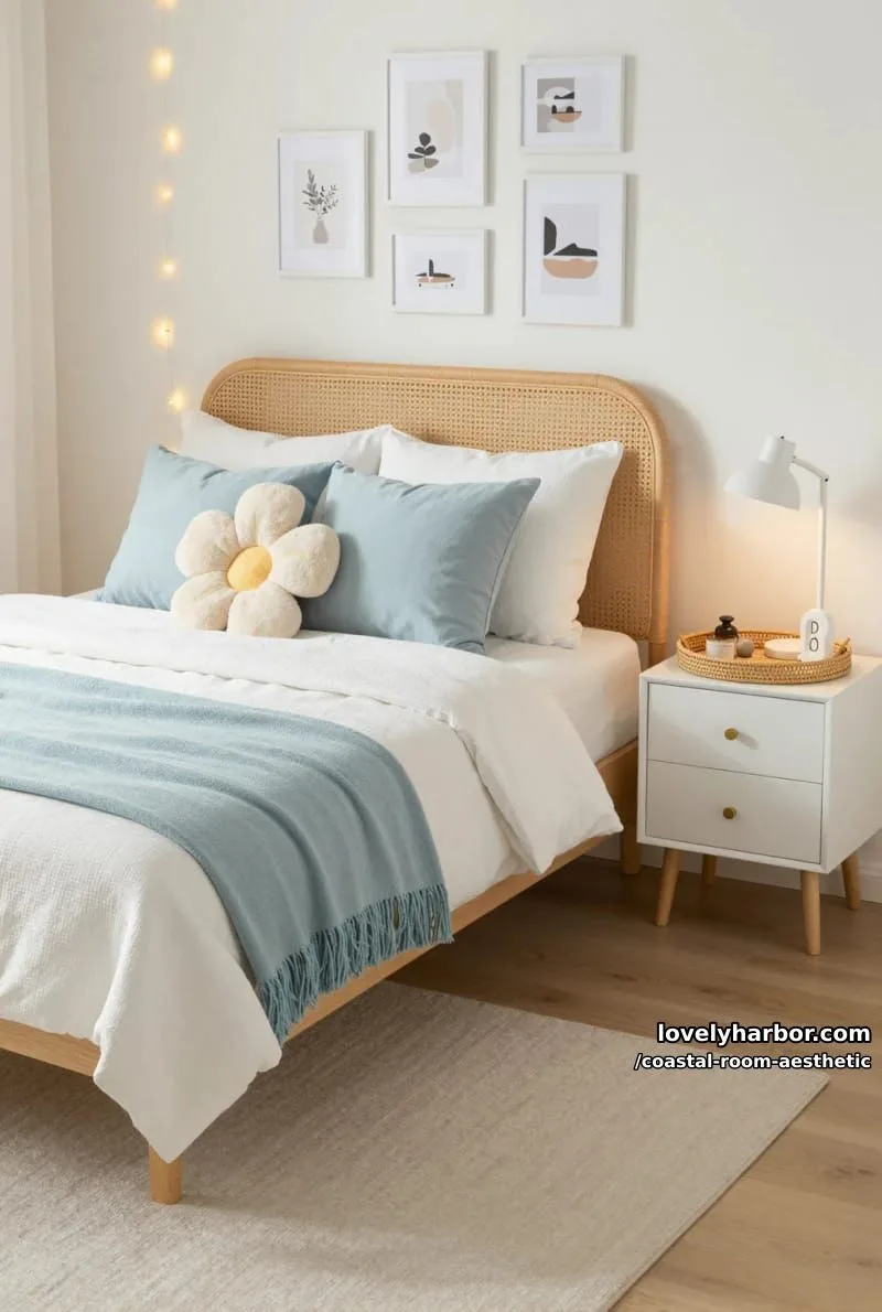 cozy bedroom with wicker headboard, pale blue accents, string lights, and art. 1