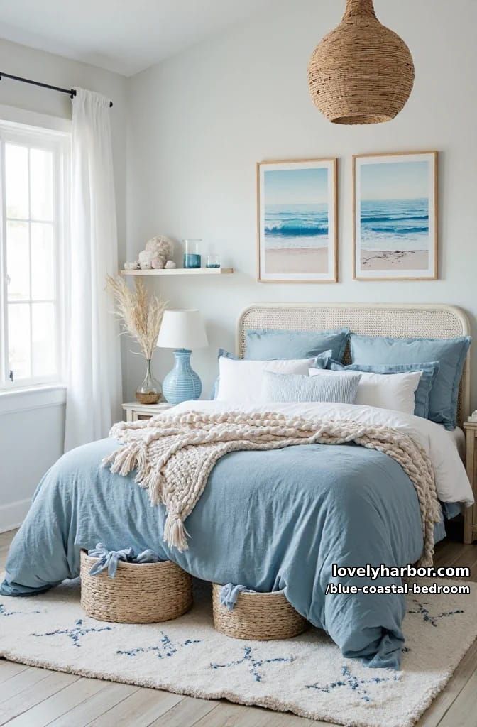 cozy blue and white bedroom with woven textures and ocean artwork. 1