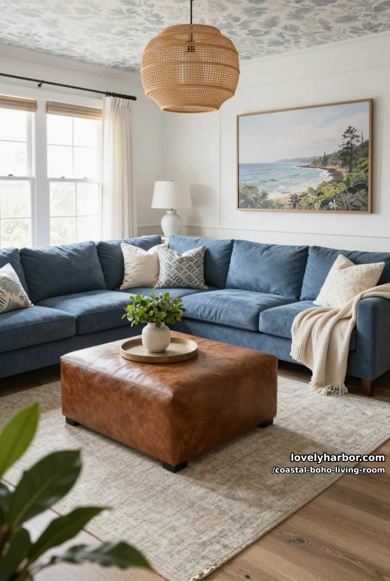 cozy blue sectional with patterned pillows, rattan accents, and botanical wallpaper. 1
