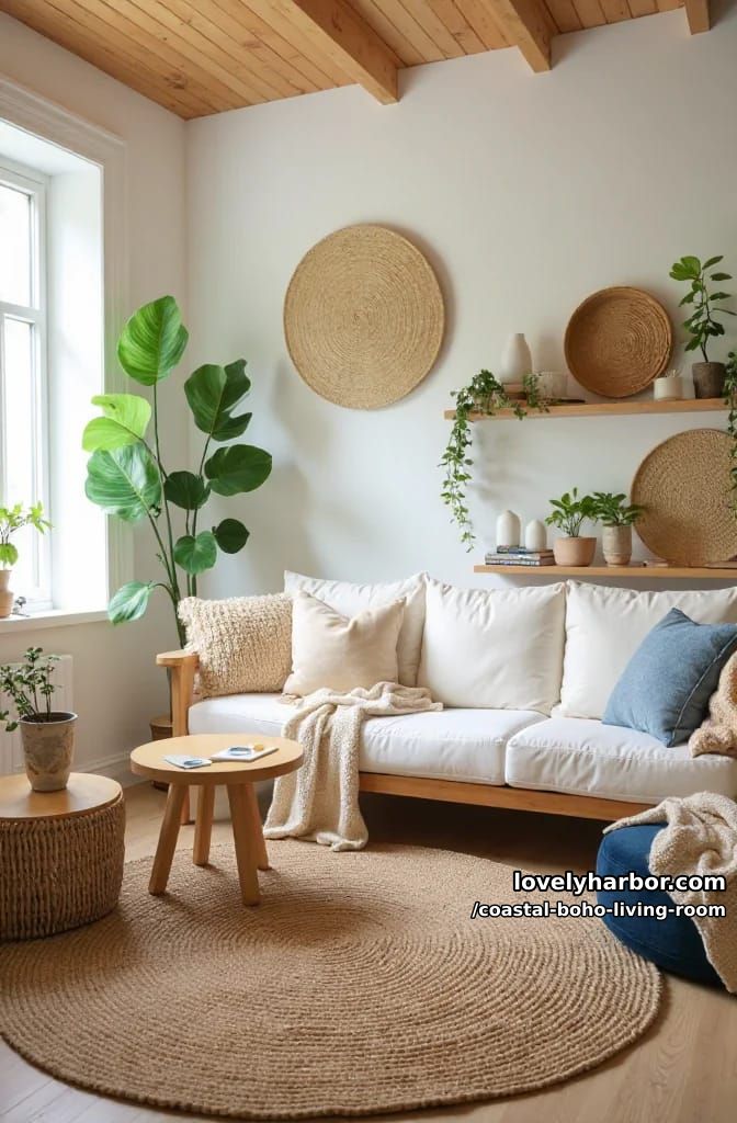 cozy boho living room with wooden furniture, jute rug, and woven accents. 1