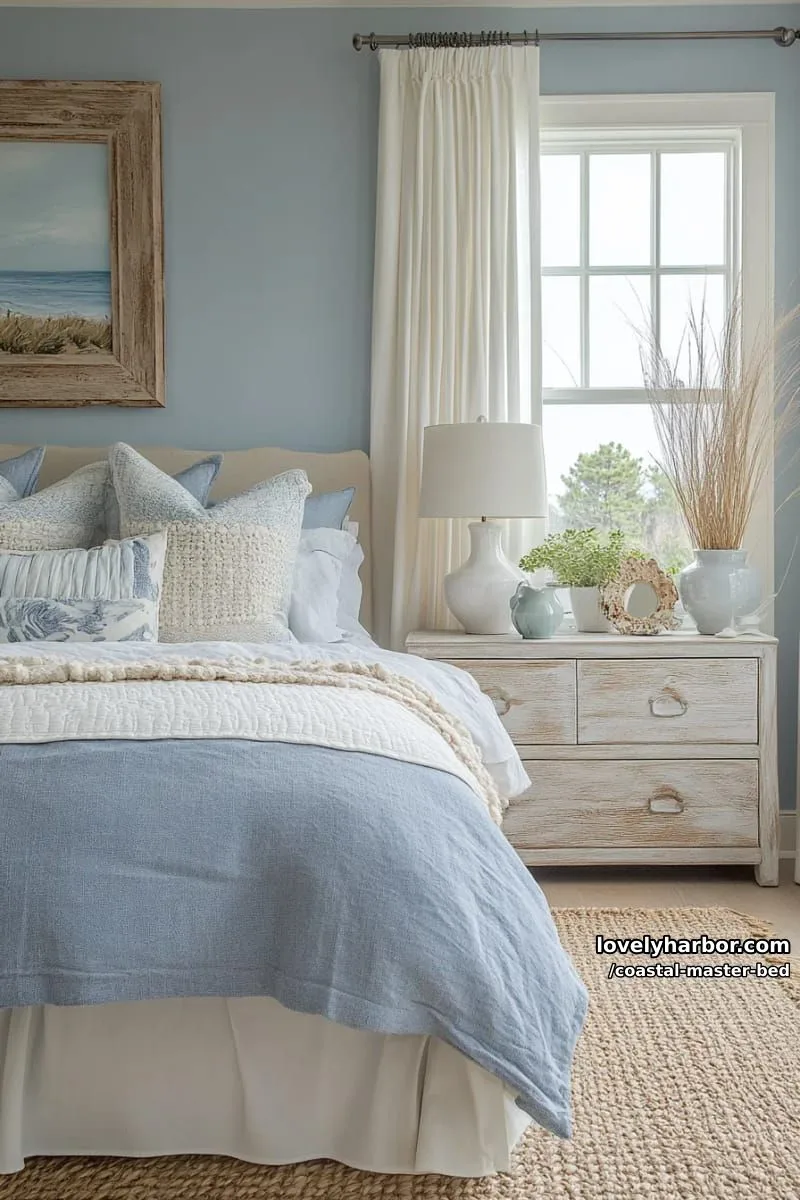 cozy coastal bedroom with blue and cream bedding, natural light, serene vibe. 1