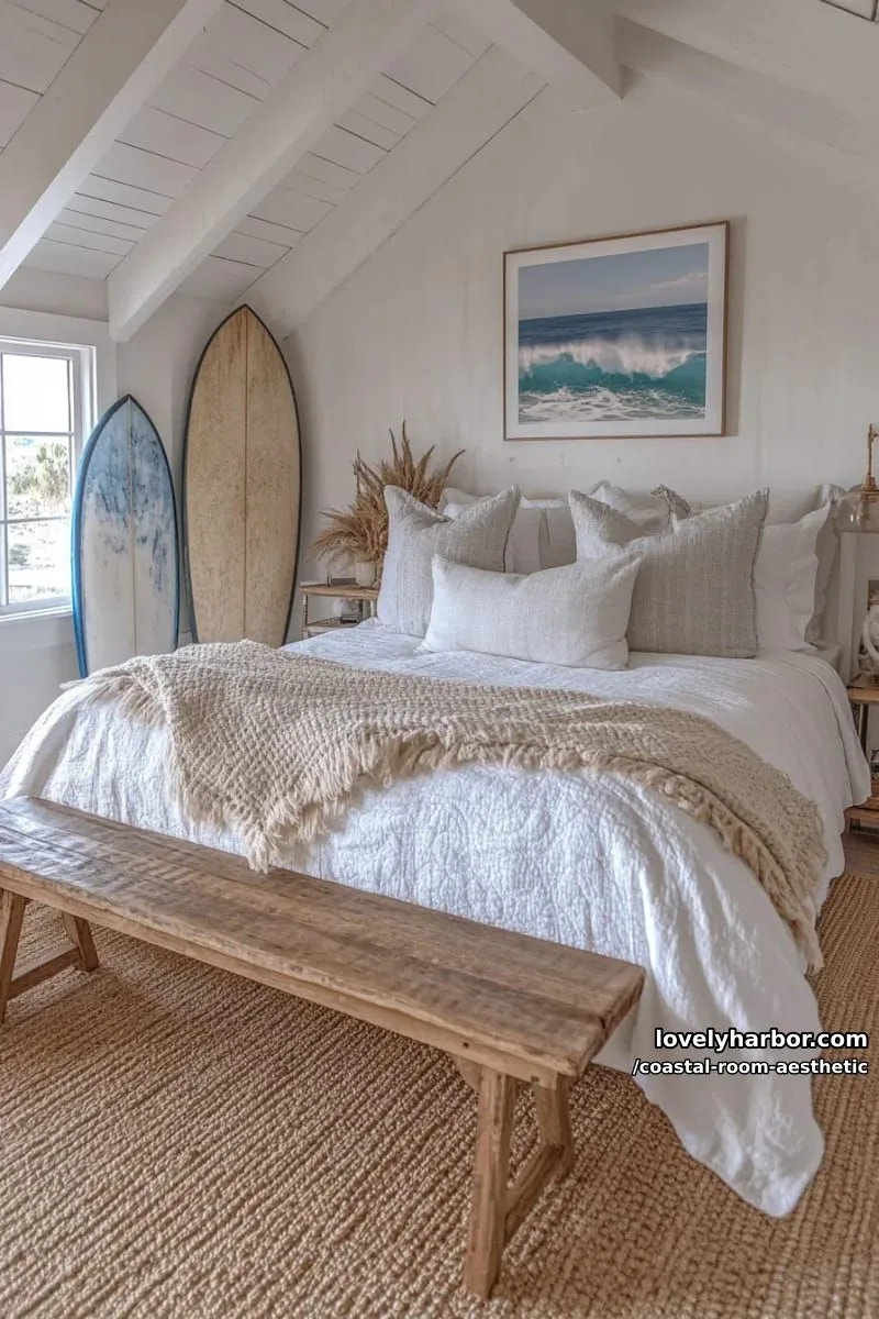 cozy coastal bedroom with white bedding, blue accents, and surfboard decor. 1