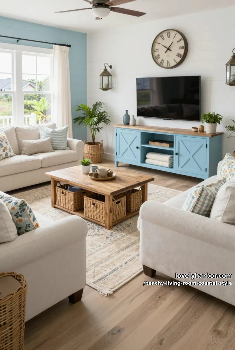 cozy coastal living room with pastel blue, cream, and barn-style cabinetry 1