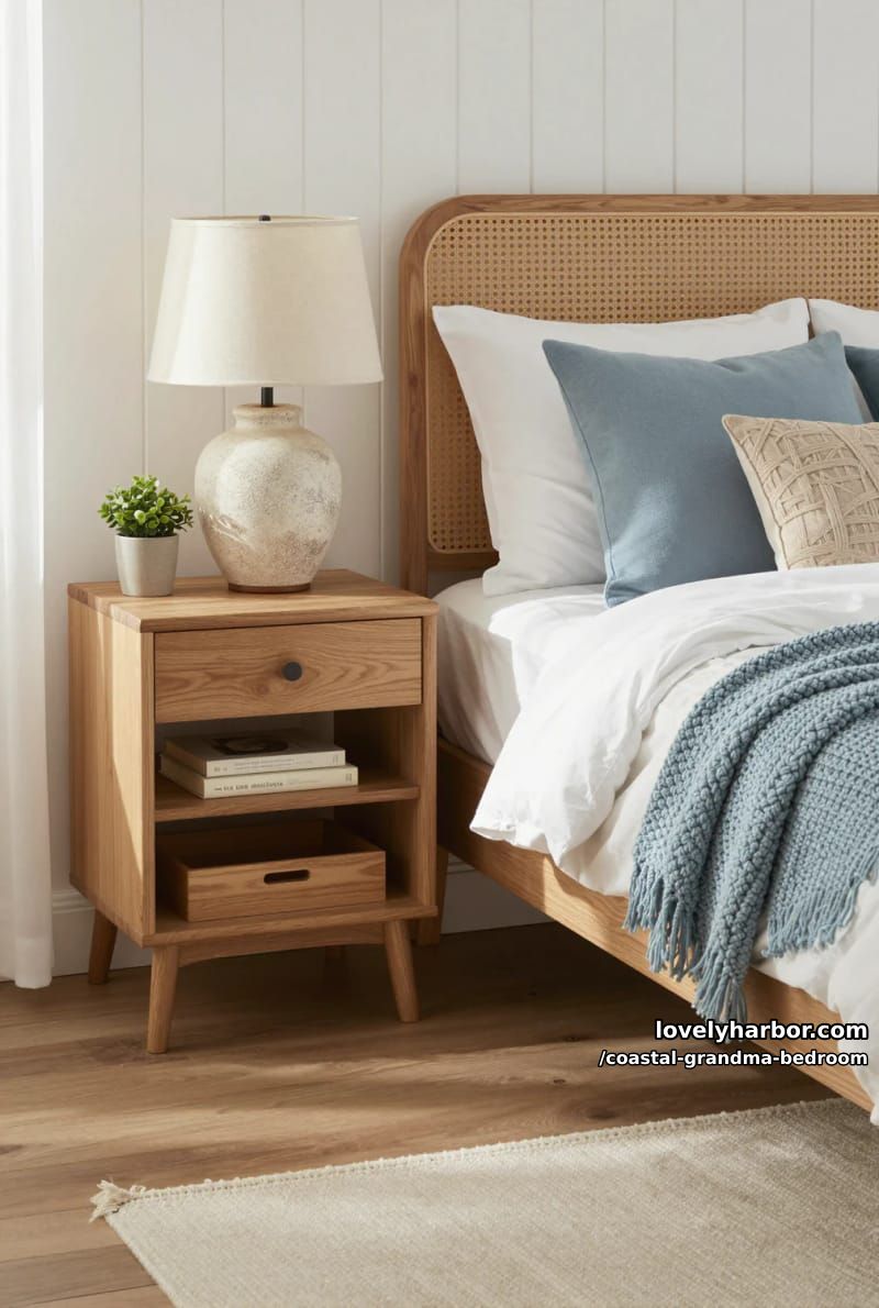 cozy corner with cane headboard, blue knit blanket, and textured ceramic lamp. 1
