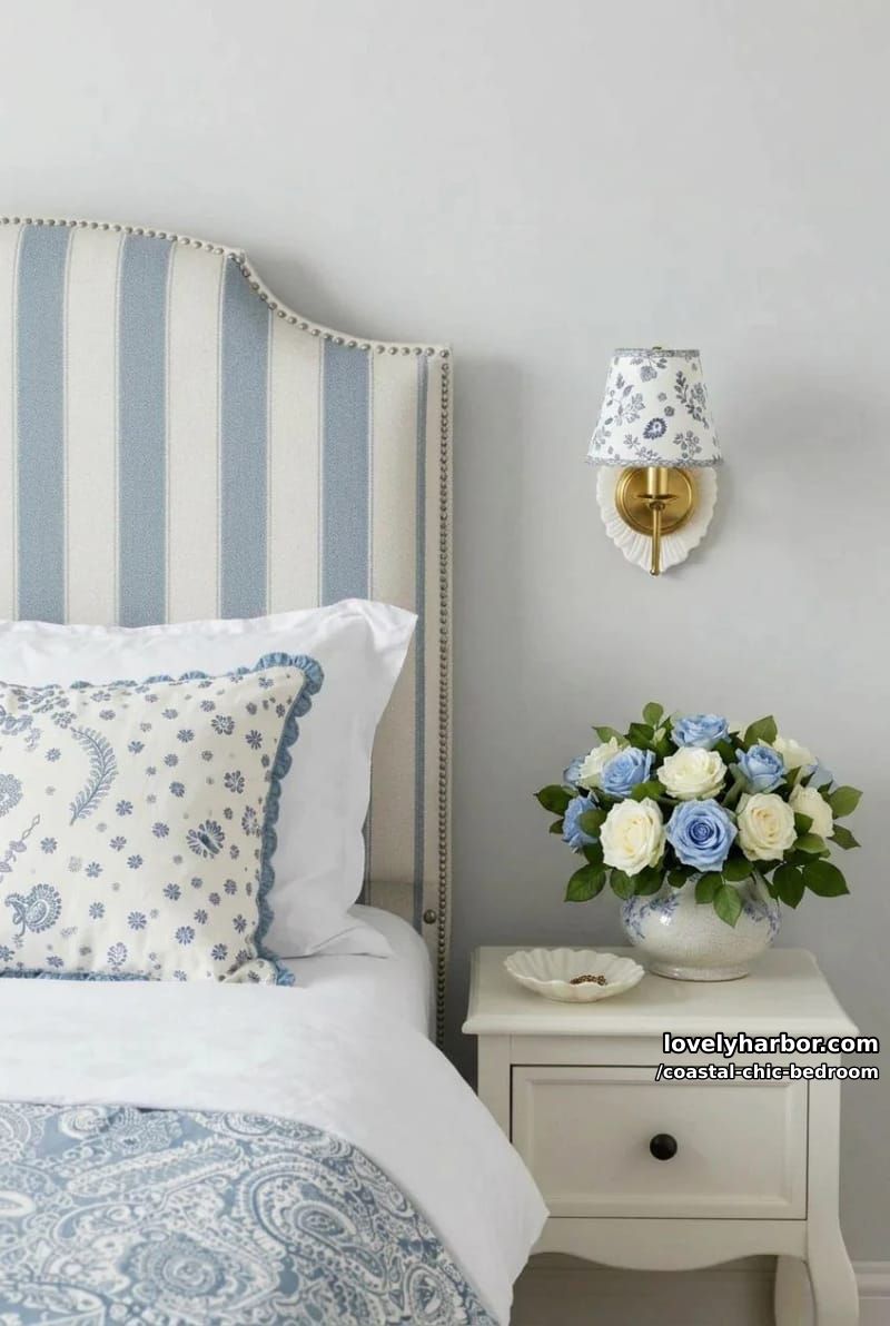 cozy corner with striped headboard, scalloped pillows, brass sconce, and vintage touches. 1