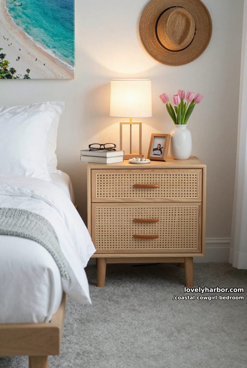cozy corner with white bed, rattan nightstand, tulips, woven hat, beach artwork. 1