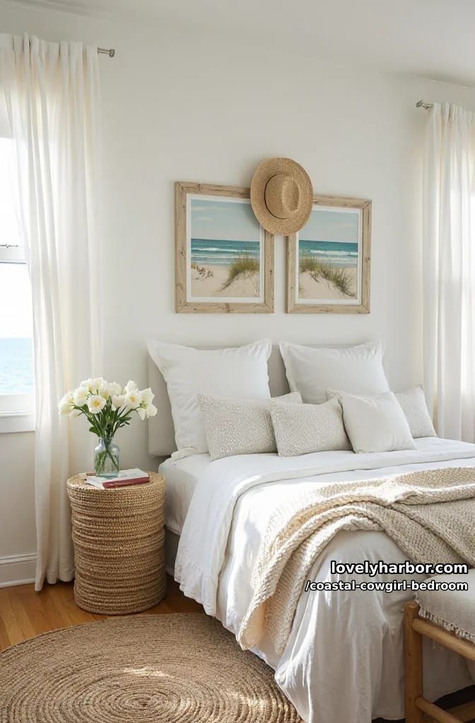 cozy corner with white bed, rattan nightstand, tulips, woven hat, beach artwork. 1