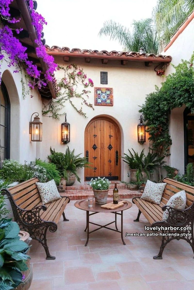 cozy courtyard with spanish tiles, water fountain, potted plants, lanterns, and outdoor furniture. 1