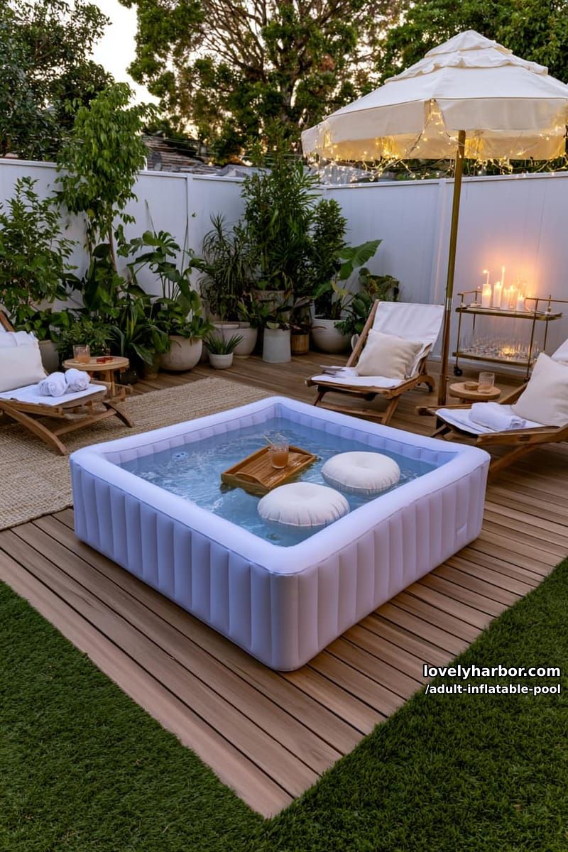 cozy inflatable pool on deck with floating tray and lounge chairs. 1