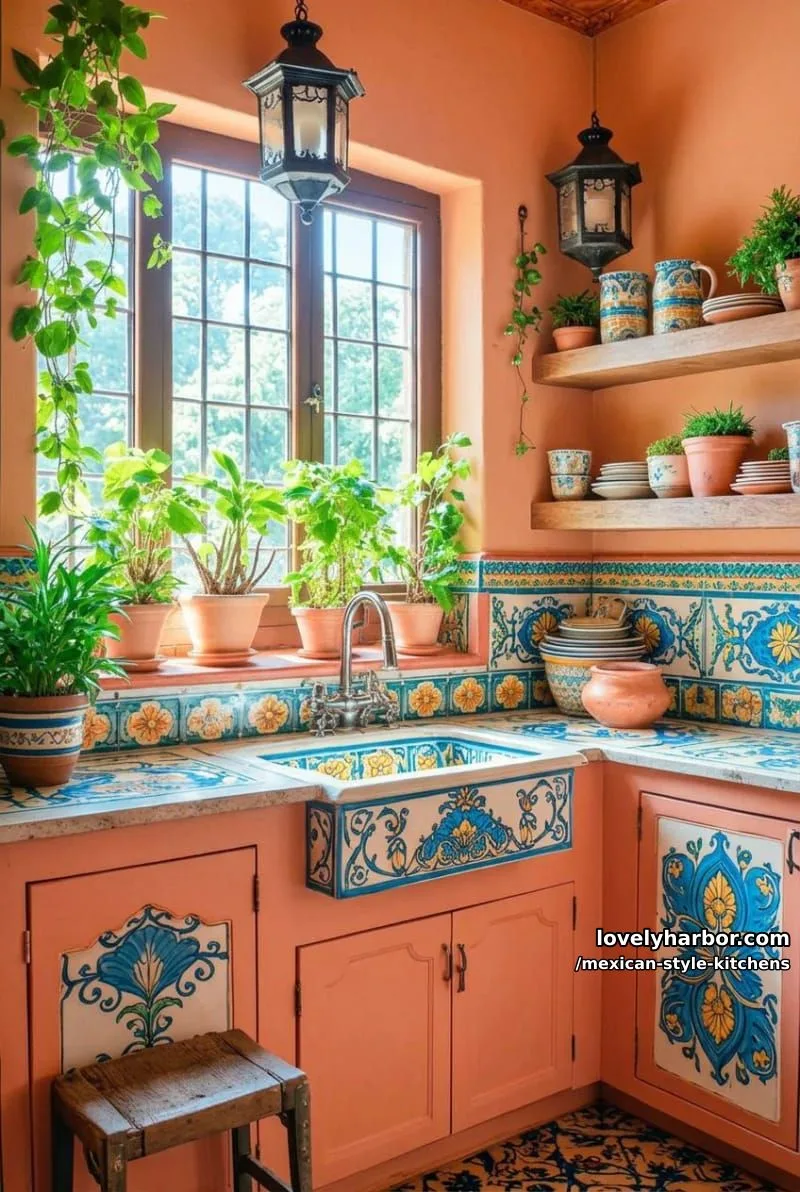14 Mexican Style Kitchens You'll Want to Copy 9 cozy kitchen corner with hand-painted tile sink, glass lanterns, and plant accents. 1