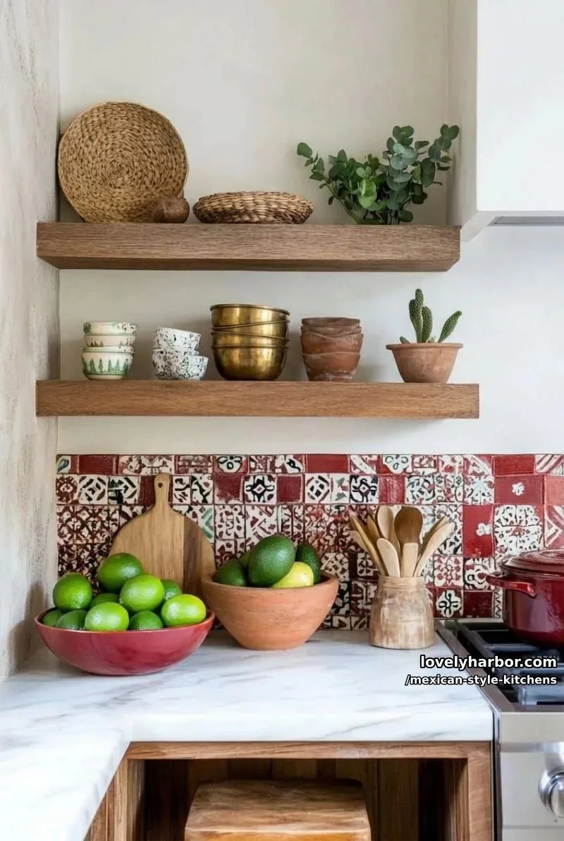 14 Mexican Style Kitchens You'll Want to Copy 18 cozy kitchen corner with marble countertop, deep red tiles, and brass accents. 1
