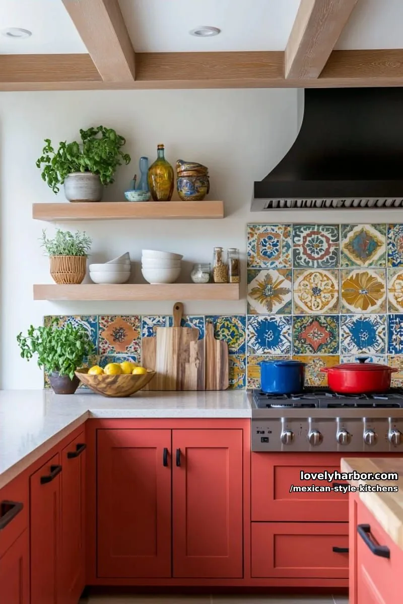 14 Mexican Style Kitchens You'll Want to Copy 14 cozy kitchen with terracotta red cabinets, colorful tile backsplash, and open wooden shelves. 1