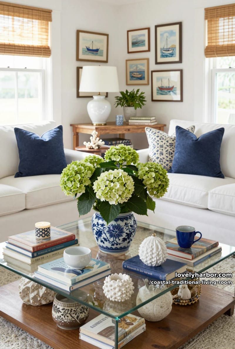 20 Dreamy Coastal Traditional Living Room Designs to Inspire 10 cozy living room with bamboo blinds, nautical wall art, and blue hydrangeas. 1