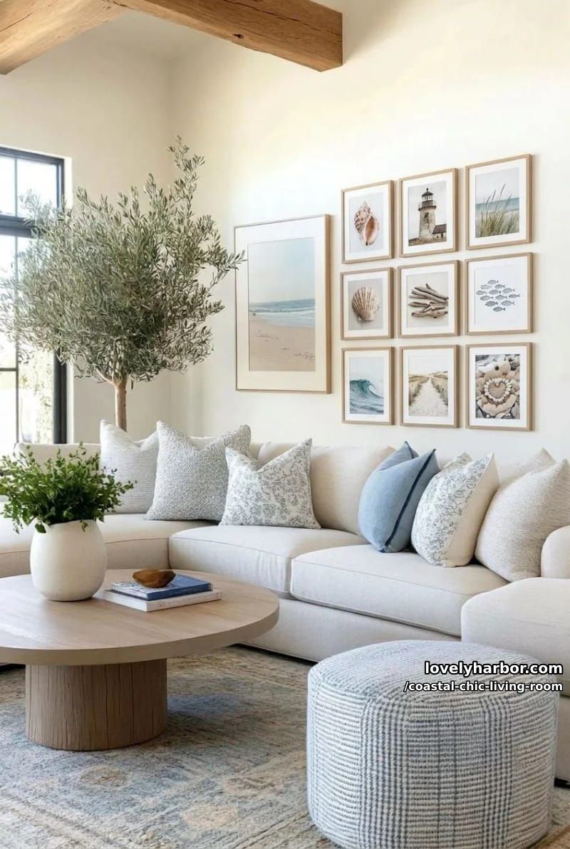 cozy living room with beige sectional, blue accents, and coastal artwork. 1