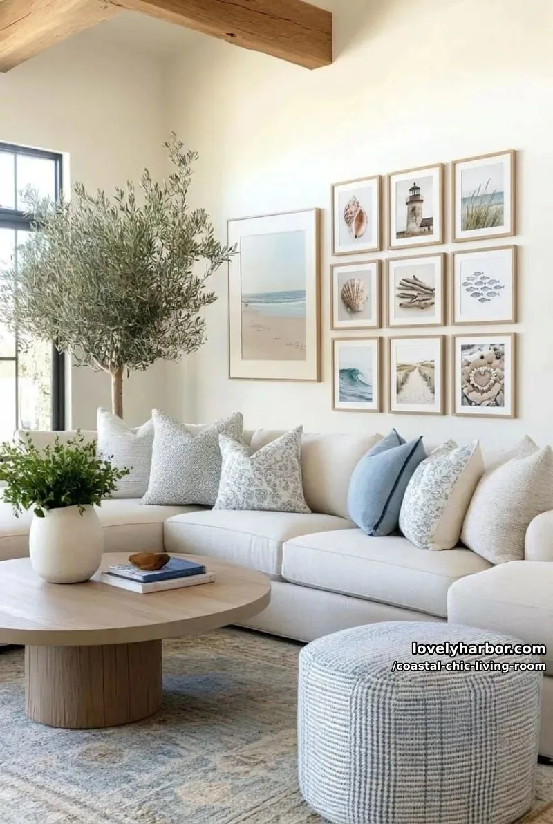 20 Chic Coastal Living Rooms You'll Love 2 cozy living room with beige sectional, blue accents, and coastal artwork. 1