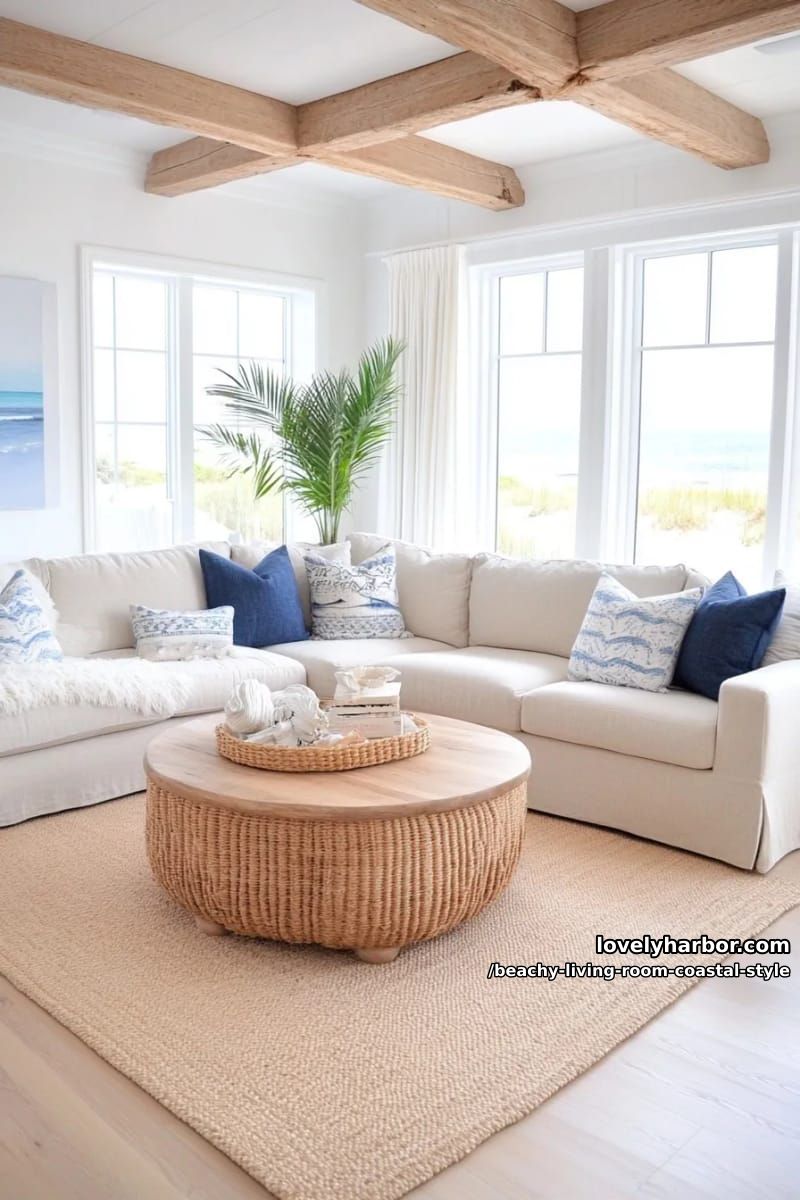 cozy living room with beige sectional, blue pillows, and rattan ottoman 1