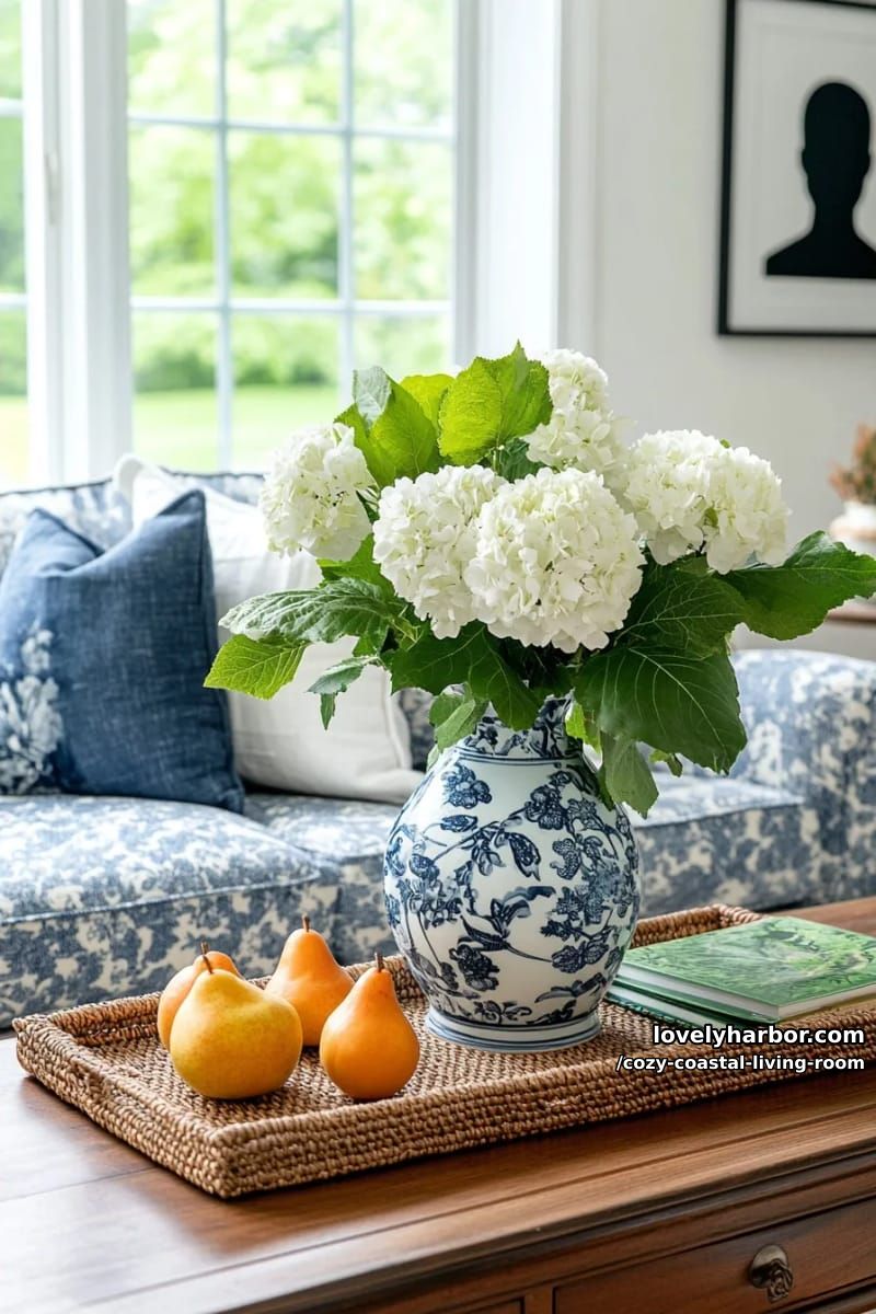 cozy living room with blue floral slipcover sofa and rustic wood table 1