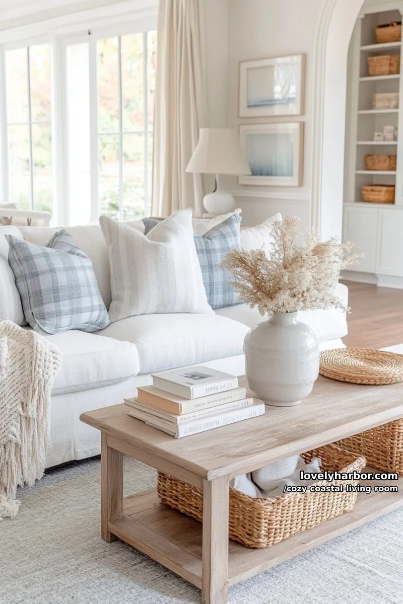 cozy living room with blue plaid pillows, woven baskets, and arched doorway 1