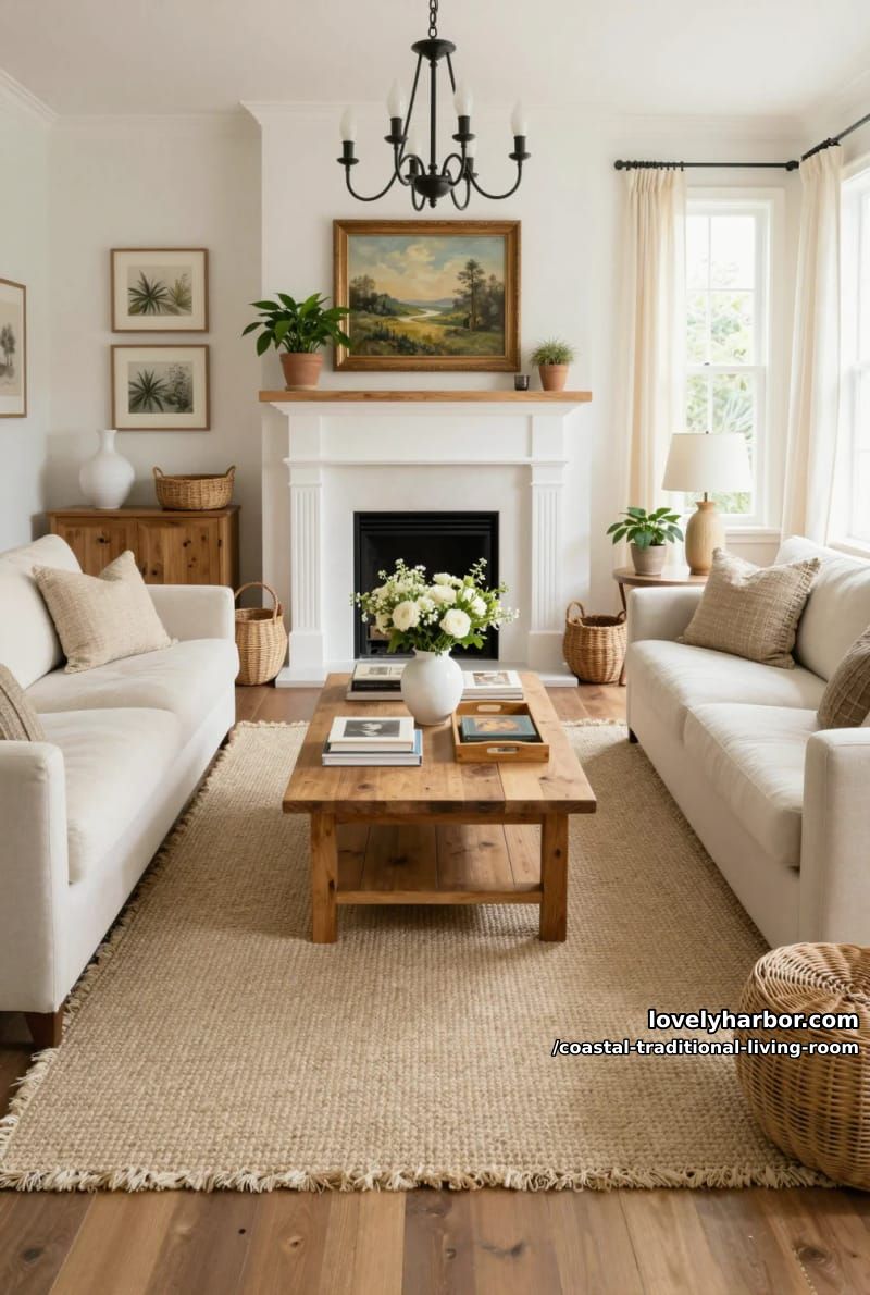 20 Dreamy Coastal Traditional Living Room Designs to Inspire 19 cozy living room with cream sofas, rustic coffee table, and woven baskets. 1