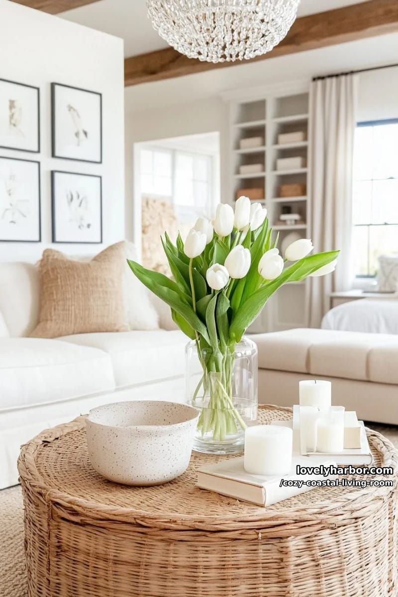 cozy living room with rattan coffee table and black-and-white gallery wall 1