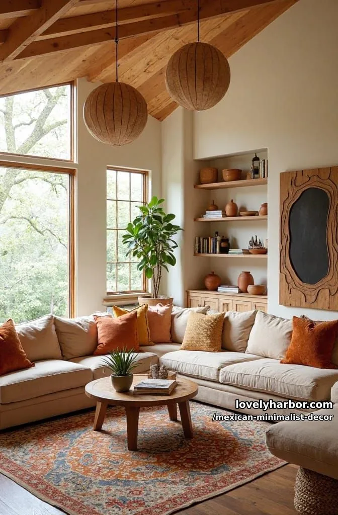 cozy living room with slanted wood ceiling, bohemian pillows, and built-in shelves. 1