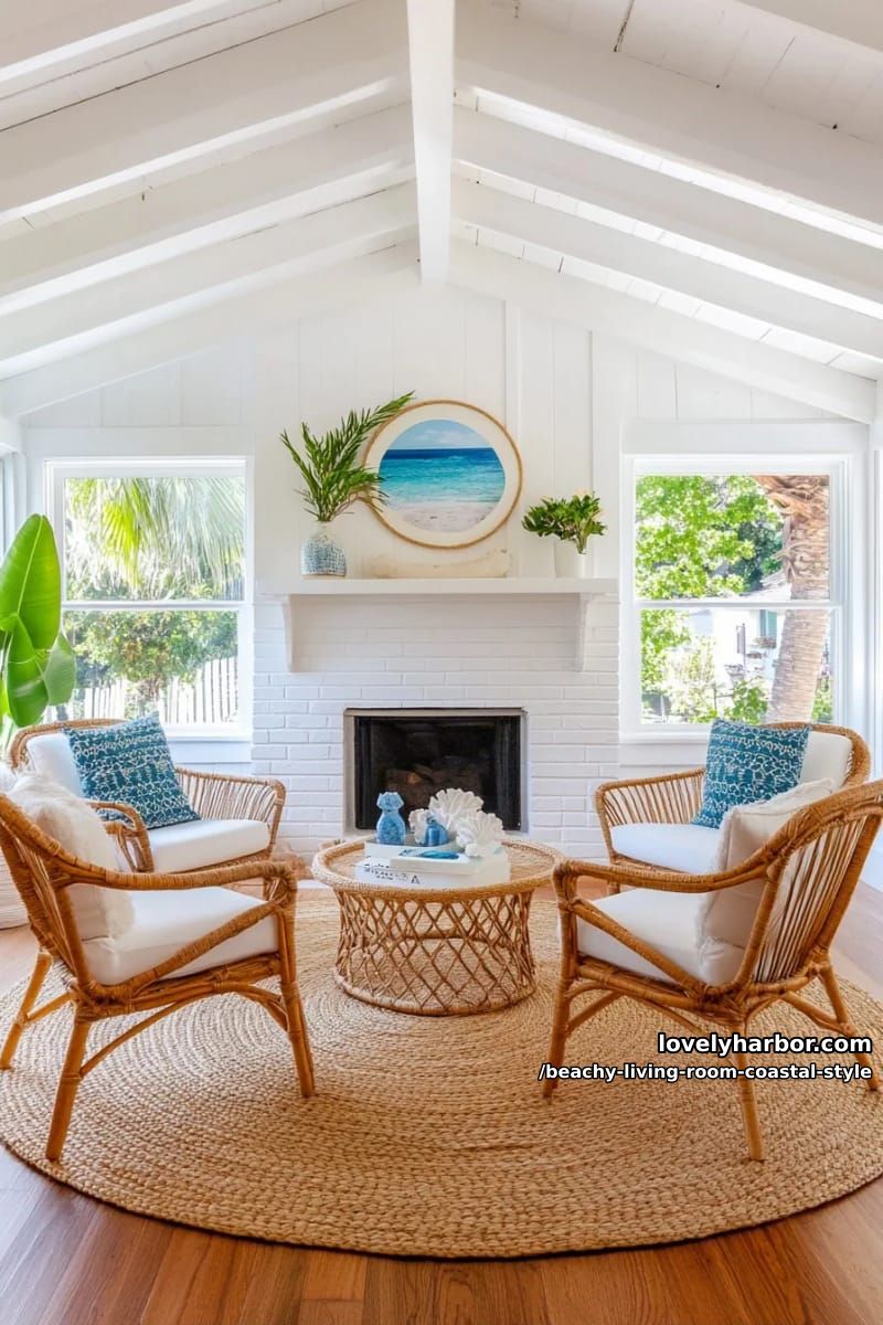 cozy living room with white beamed ceiling, fireplace, and wicker chairs 1