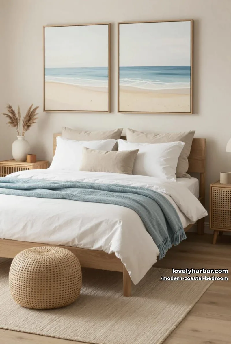 cozy modern bedroom with wood bed, neutral colors, and beach artwork. 1