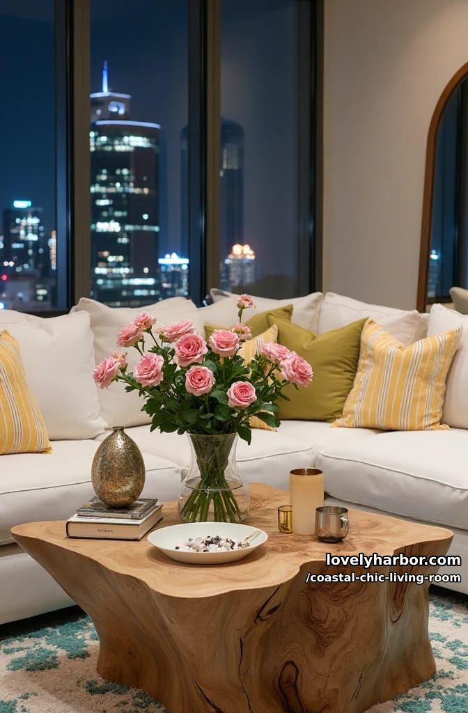 cozy modern living room with white sectional, burl wood coffee table, and city view. 1