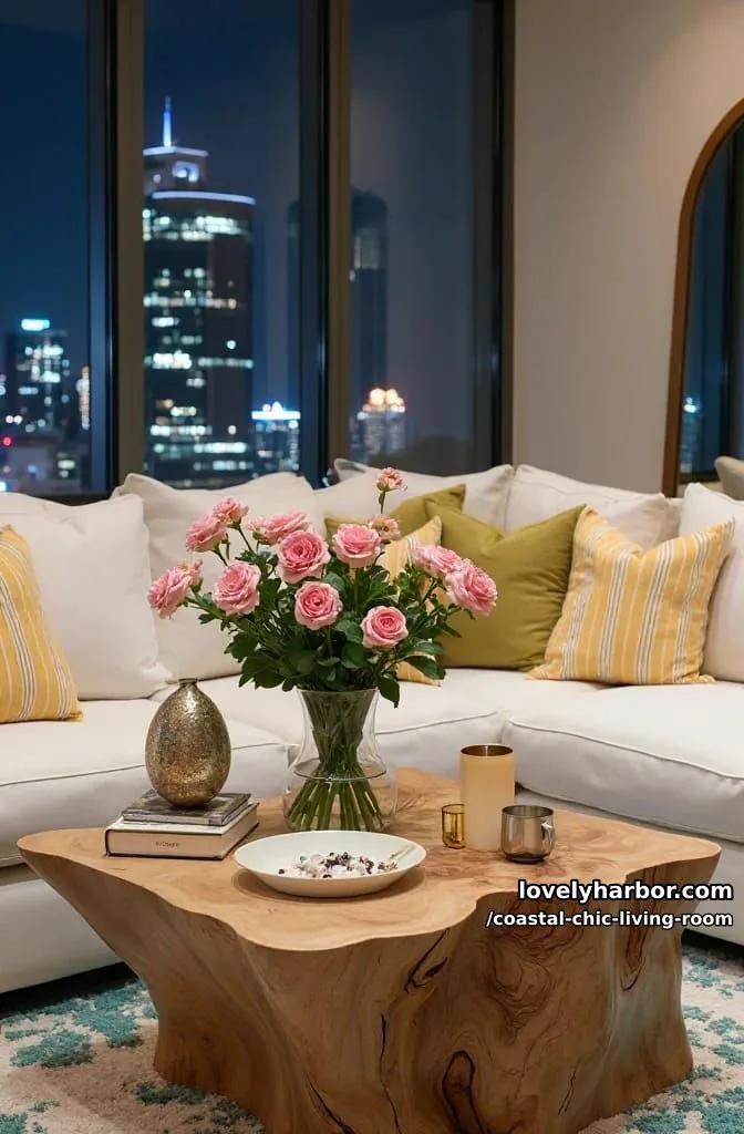 20 Chic Coastal Living Rooms You'll Love 14 cozy modern living room with white sectional, burl wood coffee table, and city view. 1