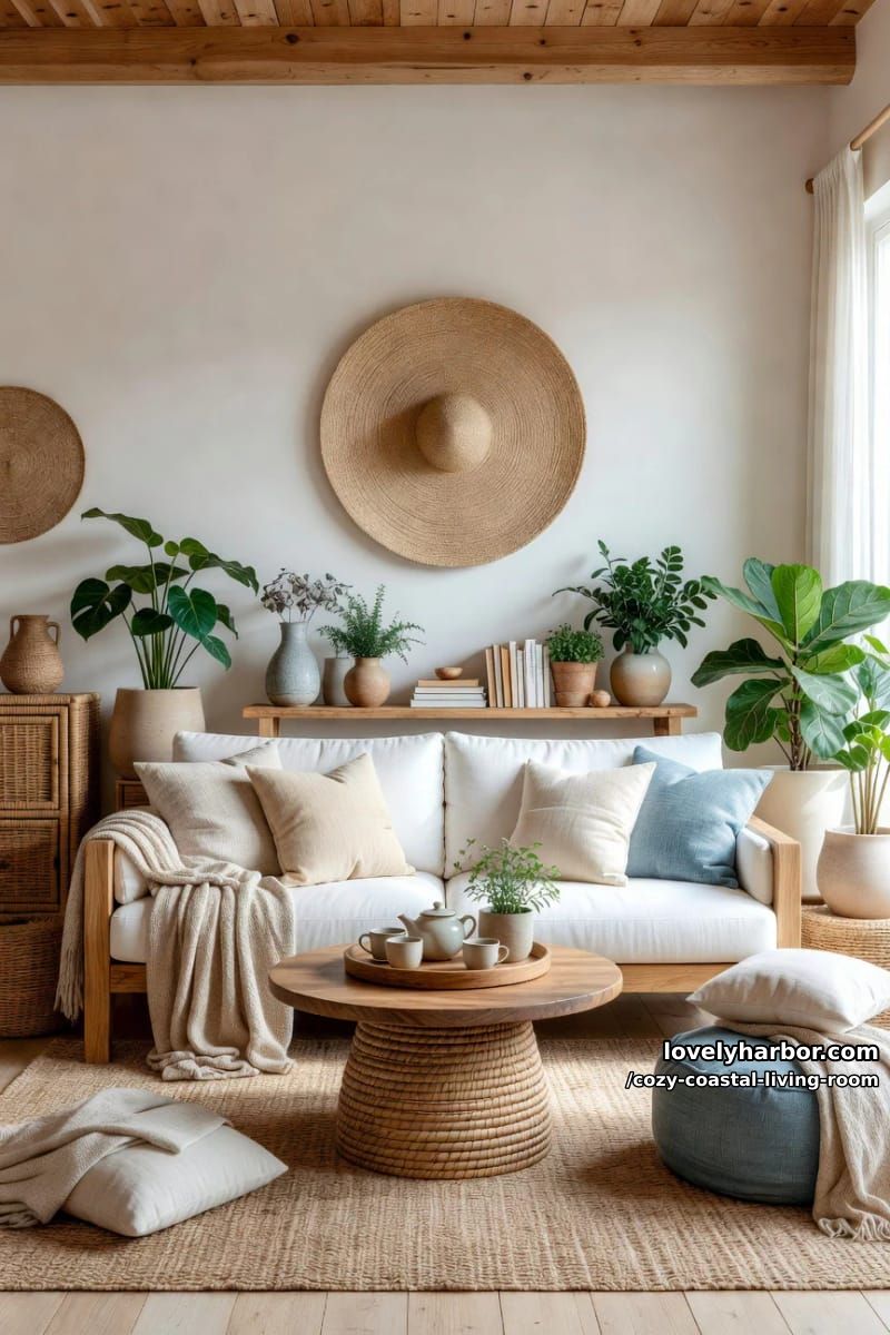 cozy, natural-toned living room with wooden sofa and woven textures 1