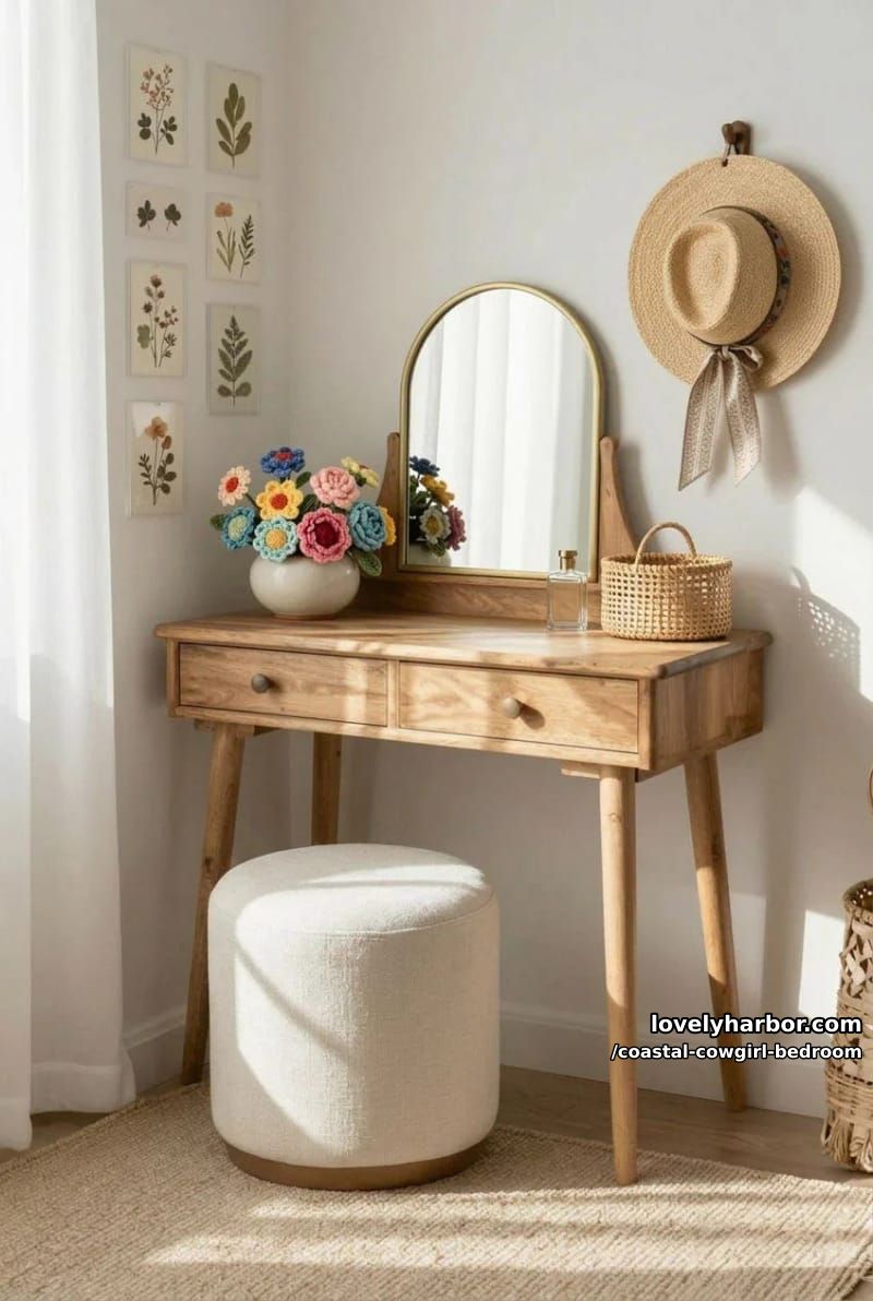 cozy vanity corner with arched mirror, crochet flowers, pressed floral wall, straw hat. 1