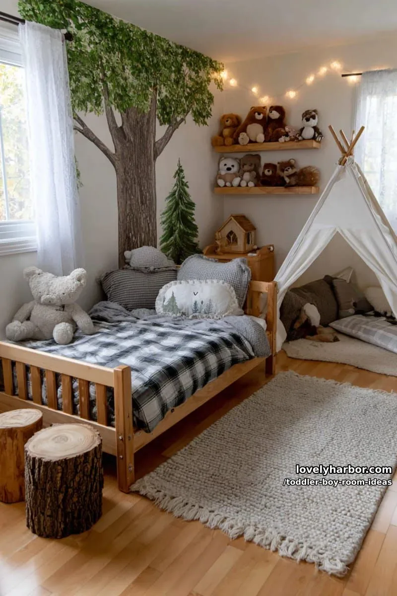 15 Playful Toddler Boy Room Design Ideas for Your Next Makeover 7 cozy woodland adventure with tree murals and plush animal friends everywhere. 1