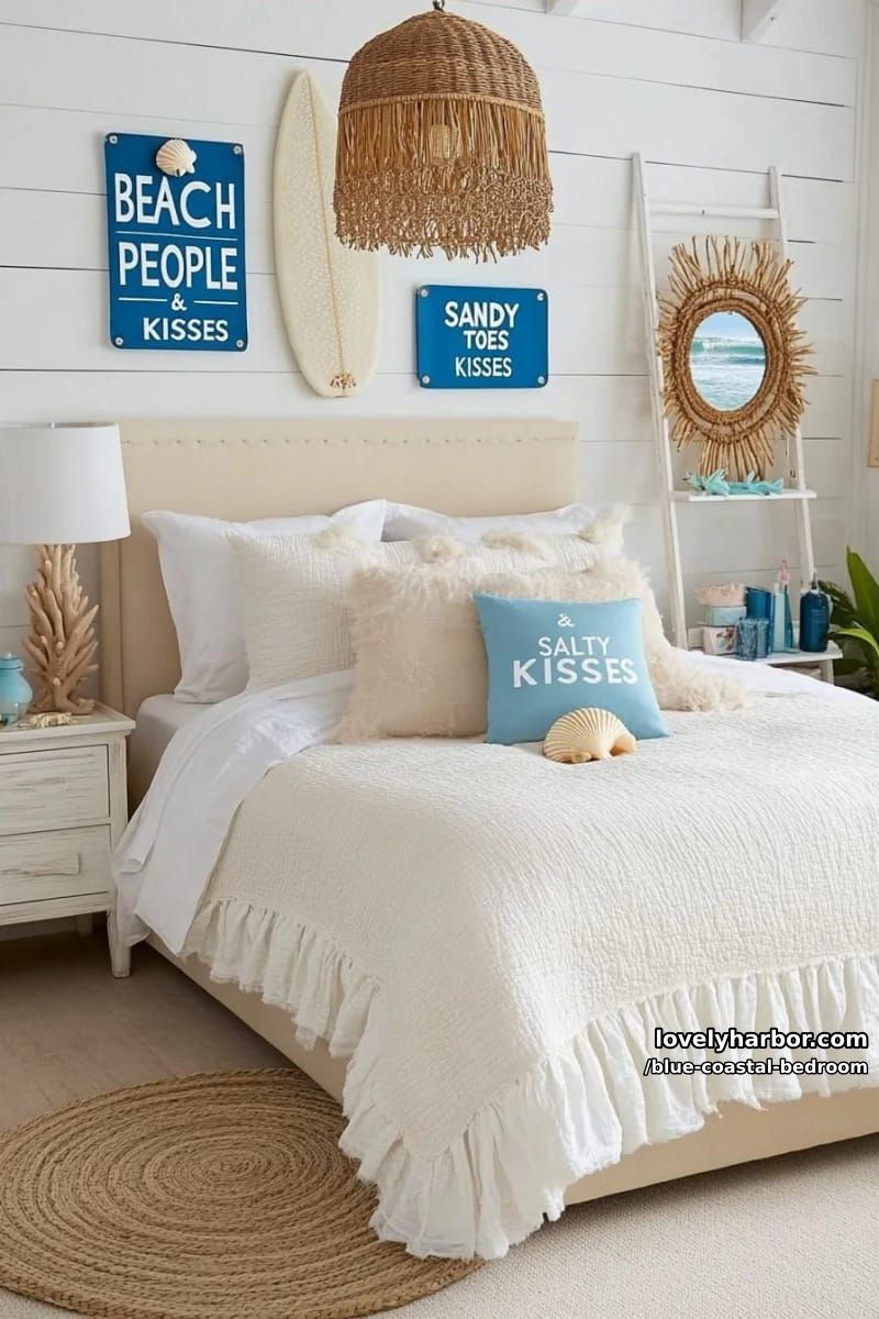 cream bed with seashell accents, rattan pendant, and beach-themed decor. 1