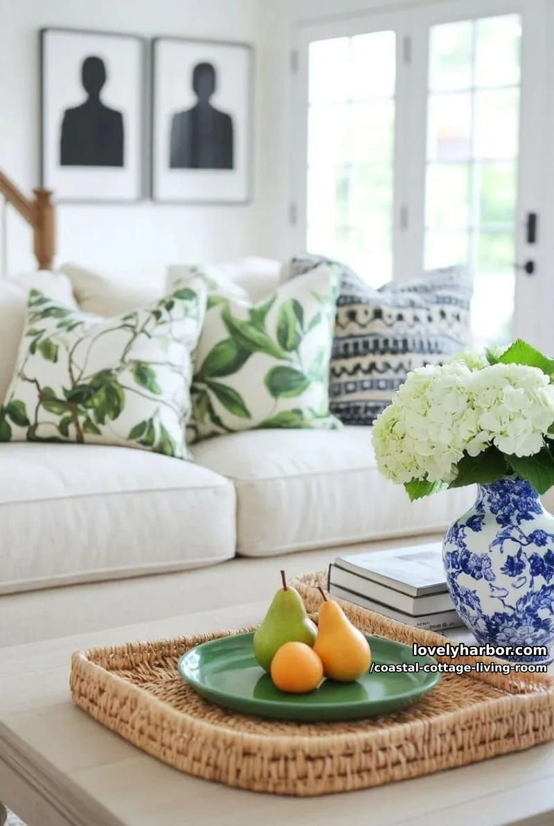 cream couch with botanical throw, rattan tray, and silhouette portraits. 1
