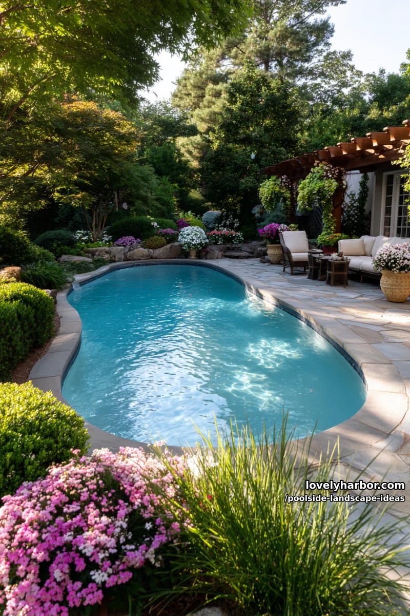 curved backyard pool with lush gardens, flowering shrubs, and shaded patio. 1